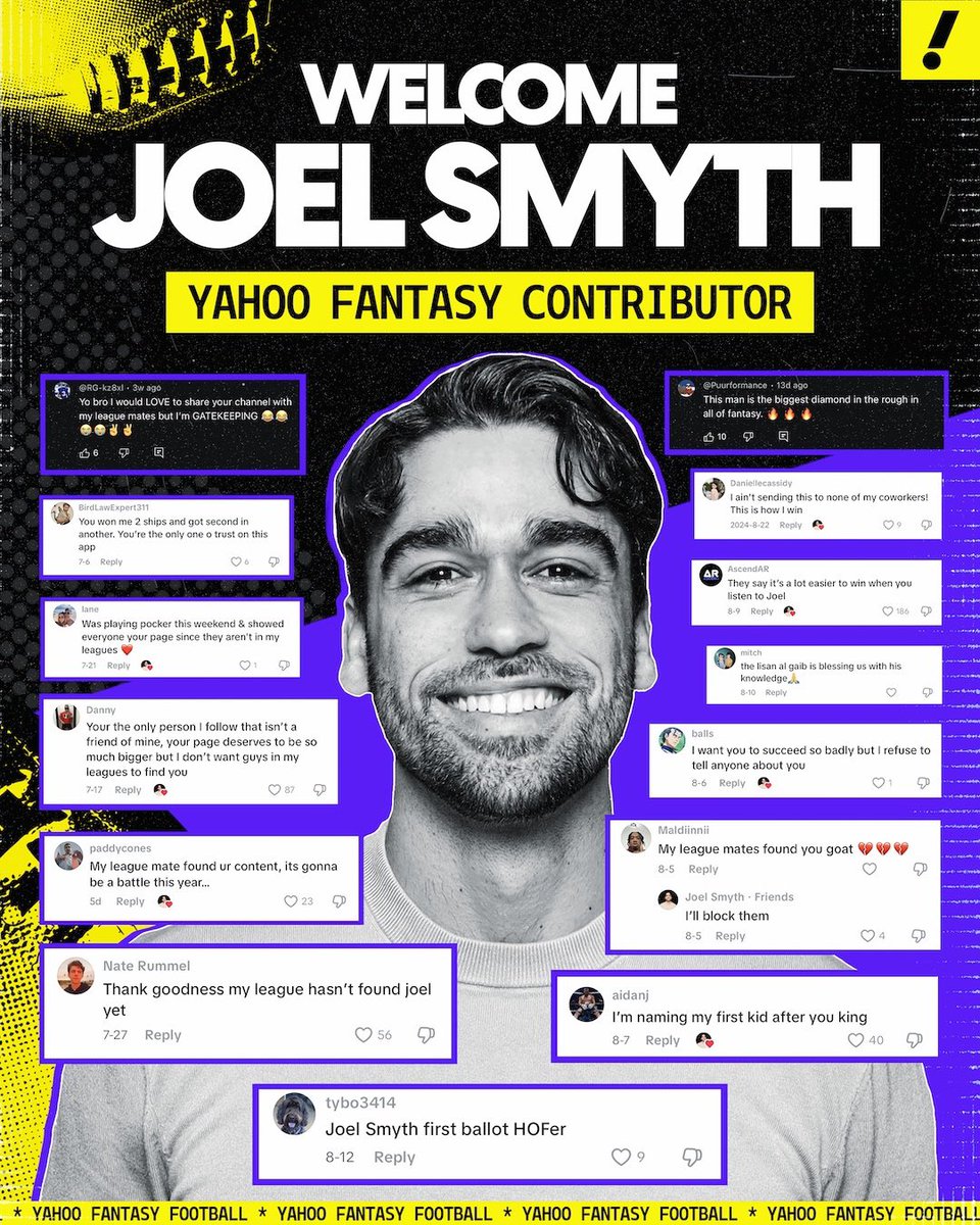 Welcome <a href="/fantasysmyth/">Joel Smyth</a> to the <a href="/YahooFantasy/">Yahoo Fantasy Sports</a> team! Joel’s fantasy and football acumen are next level and we’re so thrilled to have him on our squad.