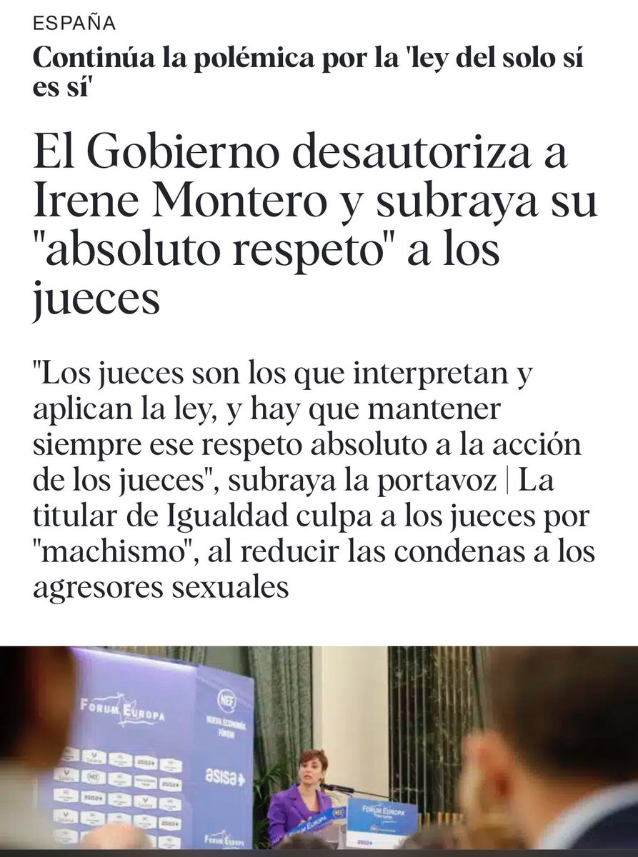 Dos titulares para explicar por qué la derecha reaccionaria está así de fuerte:

1. Ayer en TVE, Pedro Sánchez sobre los jueces.

2. Hace tres años, parte del Gobierno que (aquel sí) más ha avanzado, aprovechando la reacción judicial para cargar contra su Ministra Irene Montero.