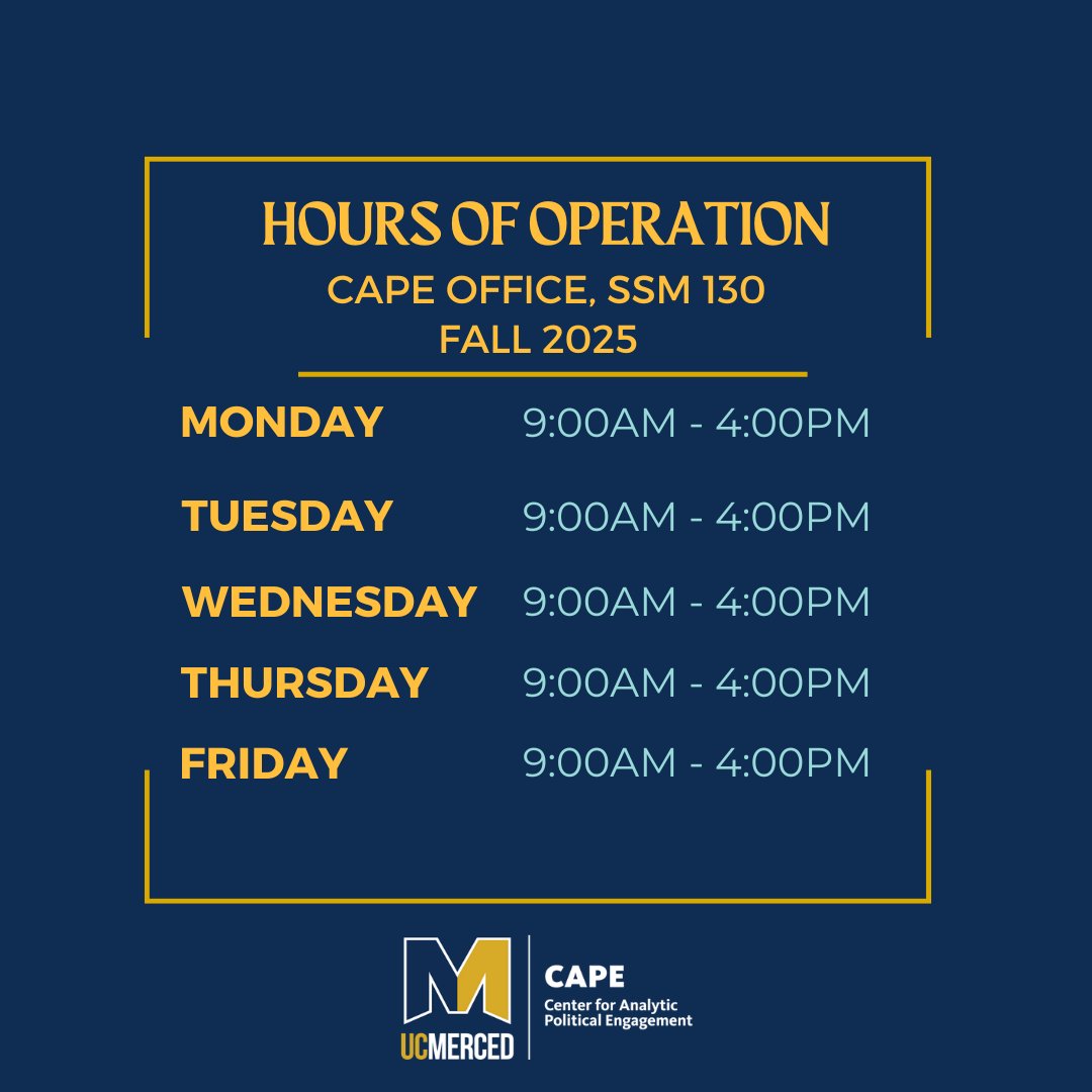 Here are our hours for the fall! Feel free to stop by if you have any questions about the center or need any assistance! #CAPEUCMerced #UCMerced #politicalscience #politics