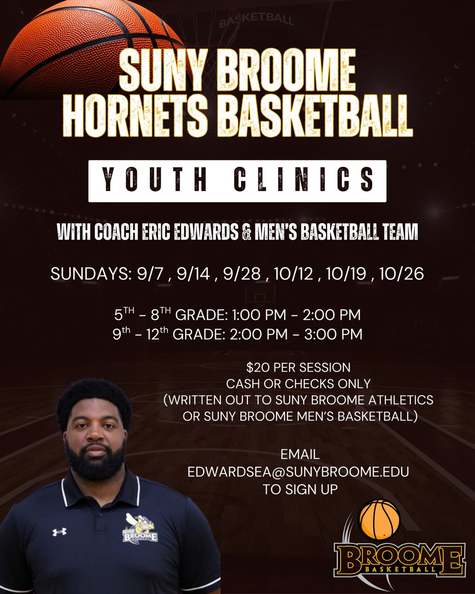 🏀YOUTH BASKETBALL CLINICS🏀

The SUNY Broome men's basketball program invites youth hoopers to join them for Sunday basketball clinics BEGINNING THIS SUNDAY! ❗❗

The clinics will be instructed by players from the men's basketball team and their Head Coach, Eric Edwards!