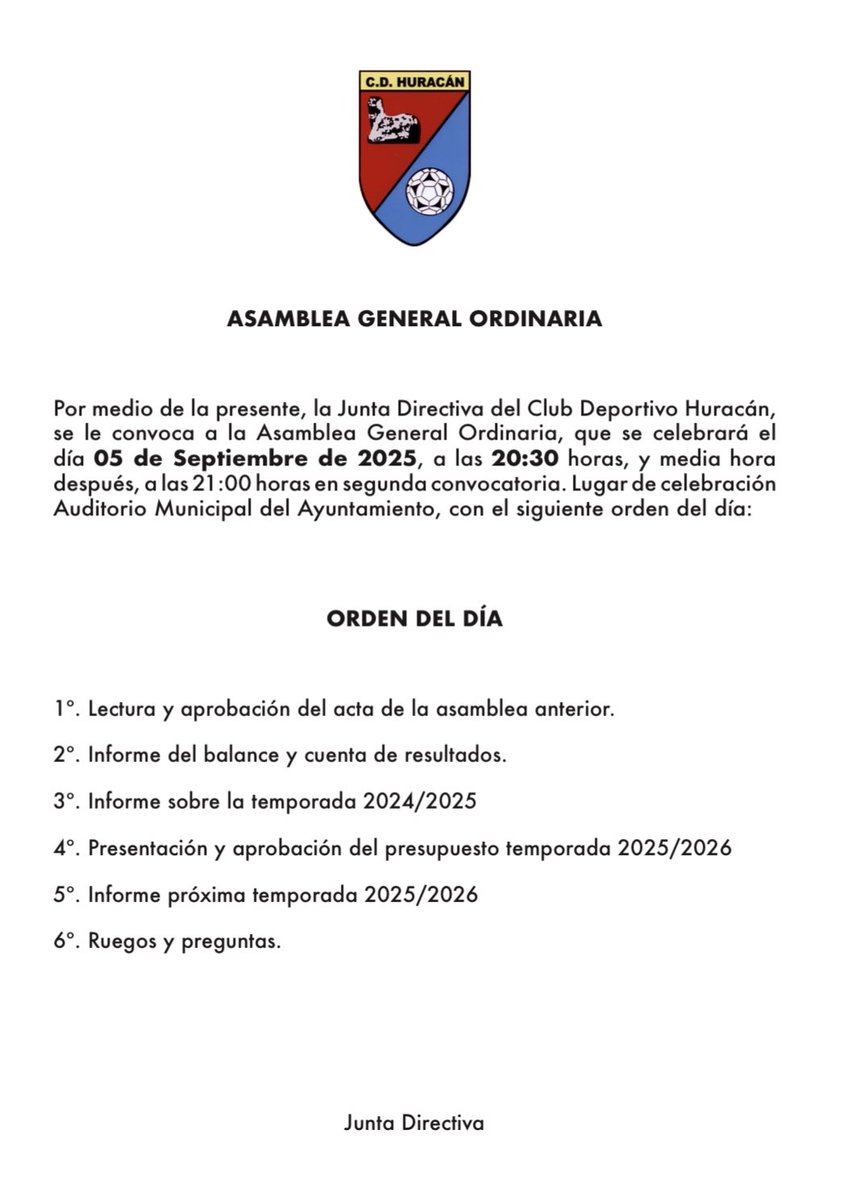 🔴ASAMBLEA GENERAL ORDINARIA 🔵

Celebración Viernes 5 de Septiembre a las 20:30 y segunda convocatoria a las 21:00 en el Auditorio Municipal del Ayuntamiento.