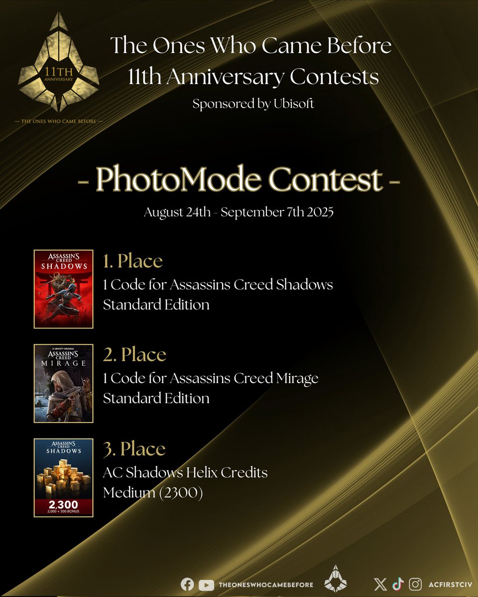 ACFirstCiv's tweet photo. Share your amazing in-game shots using Photo Mode from the Assassin's Creed series (Origins to Shadows) for a chance to win exciting prizes! 📸
🥇AC Shadows
🥈AC Mirage
🥉AC Shadows 2300 Helix Pack
🎯Tag: @ACFirstCiv
🎯Hashtag: #ACFirstCiv11PM
Details & Rules ⬇️ https://t.co/D4VXfATTpO