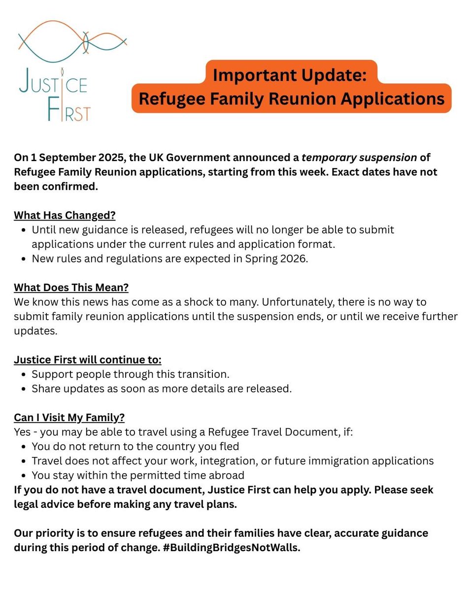❗IMPORTANT UPDATE❗️
Temporary Suspension of Refugee Family Reunion Applications

We know this news has come as a shock. We are monitoring the situation closely and will provide updates as more information becomes available.

#BuildingBridgesNotWalls.