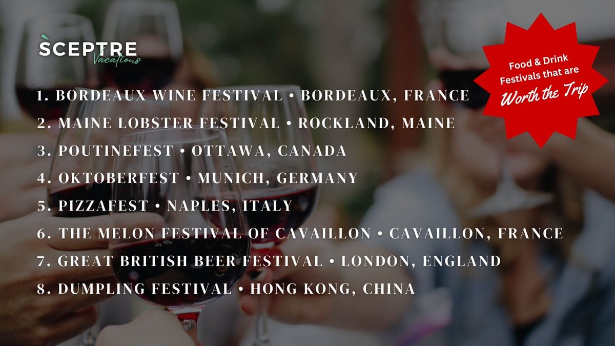 🥂 Love to travel for the perfect bite or sip?
Check out 8 must-visit food, wine &amp; beer festivals in 2025 that are worth the trip!
👉 Travel Agents: Inspire your clients today!
🔗 sceptrevacations.com/travel-inspira…

#TravelAgent #FoodieTravel #WineLovers #BeerLovers #TravelTips