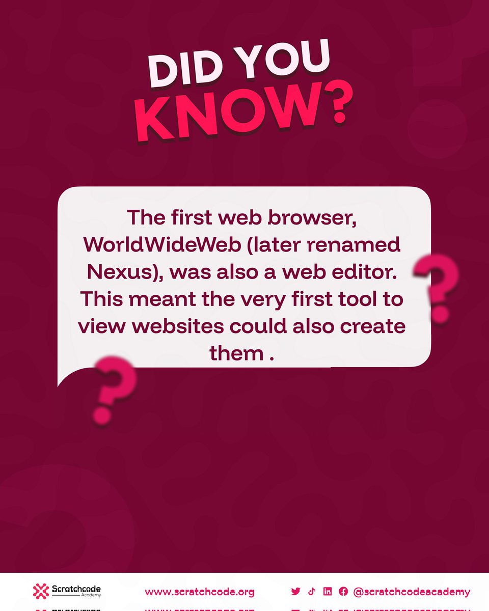 scratchcode_aca's tweet image. The first web browser (1990) let you browse AND edit pages in one tool.
Imagine Chrome with built-in VS Code 🤯

 Join Scratchcode Academy today 🚀 ✨️ 

#DidYouKnow #CodingFunFacts #scratchcodeacademy #EveryoneCanCode
