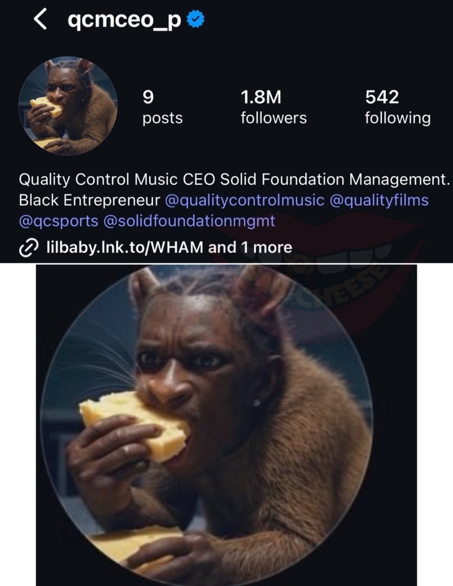 SaycheeseDGTL's tweet image. QC P has updated his IG profile picture to an AI-edited image of Young Thug eating cheese 🧀