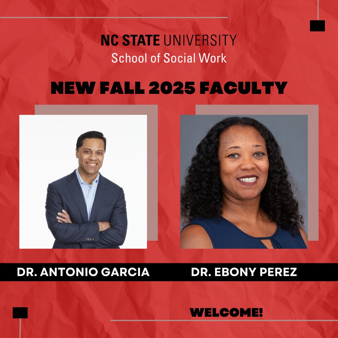 The SSW welcomes two new full-time faculty members this fall! Dr. Antonio Garcia, Professor, and Dr. Ebony Perez, Assistant Professor and Director of Graduate Programs.

Learn more about their backgrounds here: go.ncsu.edu/dklx3xp