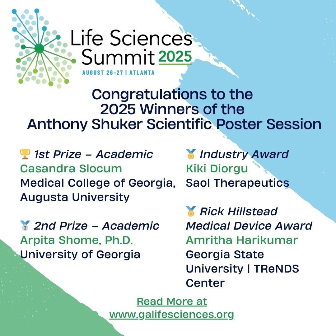Congrats to our #GLSSummit Poster Session winners!
🏆 1st Prize – Casandra Slocum, MCG @ Augusta Univ.
🥈 2nd Prize – Arpita Shome, Univ. of Georgia
🏅 Industry – Kiki Diorgu, Saol Therapeutics
🏅 Med Device Award – Amritha Harikumar, GSU | TReNDS Center
hubs.la/Q03GwhBj0