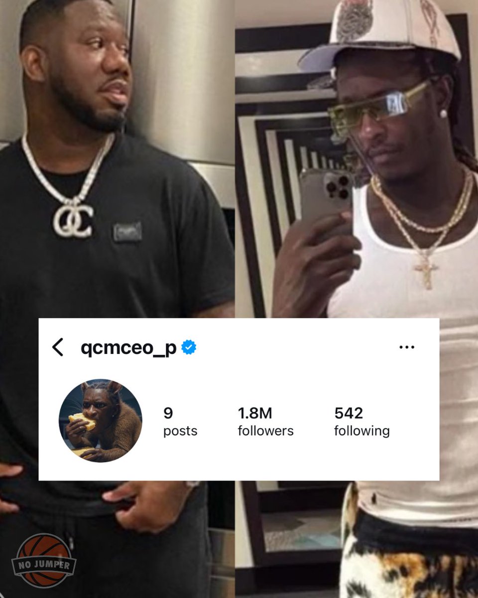 nojumper's tweet image. QC Pee changes his profile pic on Instagram to an AI image of Young thug eating cheese.