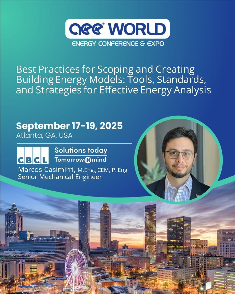 Marcos, a Senior Mechanical Engineer from CBCL, is presenting at the 2025 AEE World Energy Conference &amp; Expo in #Atlanta, #Georgia! If you want to learn more about best practices in building energy modeling, make sure to check out Marcos' presentation. #CBCLToday