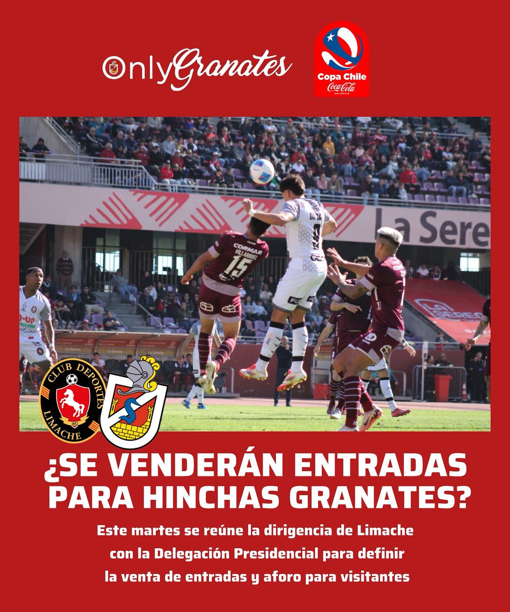 🚨🚨🎫🎫

Este domingo a las 20 horas, <a href="/CDLS_OFICIAL/">CD La Serena Oficial</a> 🇱🇻 visita a <a href="/CDLimache/">Club Deportes Limache</a> 🍅 en Quilllota, por semifinales de Copa Chile. Y hoy desde las 17 horas se reune el club tomatero con la DPP Quillota para definir venta de entradas y aforo para los hinchas serenenses #OnlyGranates