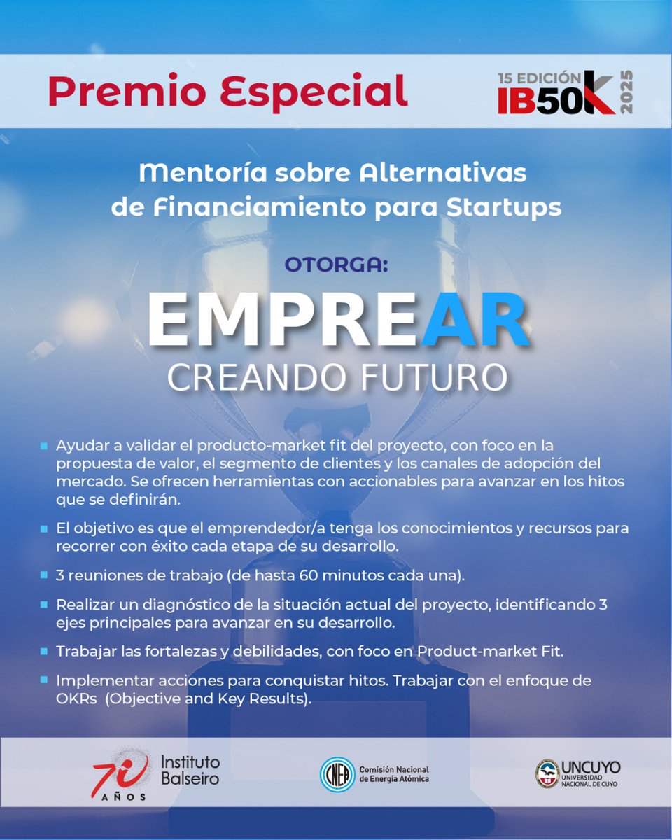 🌟 Premio Especial | EMPREAR brinda una mentoría en financiamiento para startups .
🚀Incluye 3 reuniones de trabajo para diagnosticar, definir ejes de avance y trabajar el product-market fit. 
🎯 Se aplicará la metodología OKRs para impulsar hitos y crecimiento.