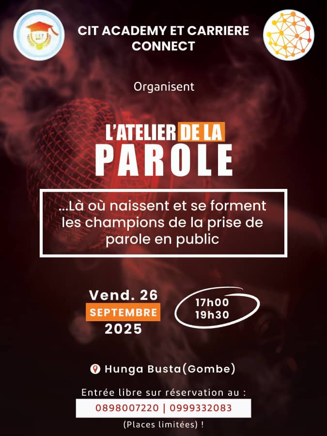 Avez-vous encore des blocages sur la prise de parole en public ?

La clé de déverrouillage vous sera remise ce 26 septembre au cours d'un atelier que Carrière Connect RDC et CIT academy organisent au restaurant Hunga Busta. 

Prenez votre inscription qui est gratuite en cliquant