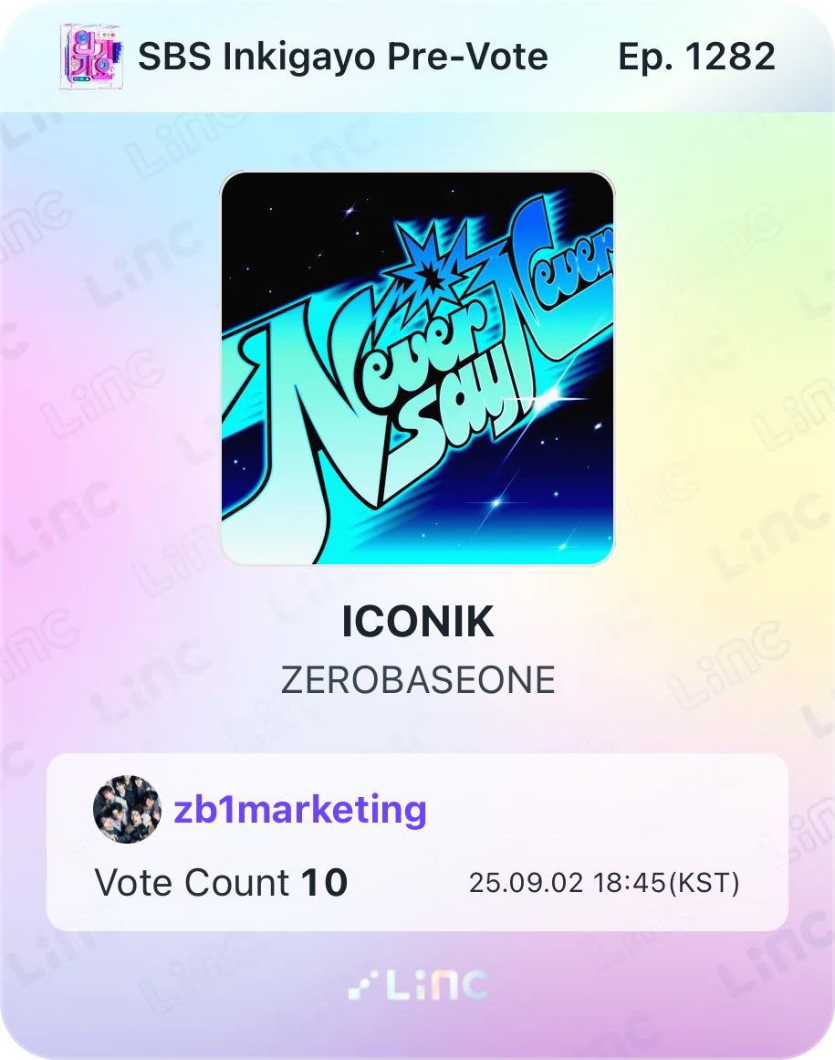 [📢 INKIGAYO PREVOTE] 

The day has reset zeroses, have you casted your votes for ICONIK on LiNC yet? 🗳️ We are currently leading but with a small gap! 🚨 

✅ Max 10 votes per day 

#ZEROBASEONE #ZB1 #제로베이스원