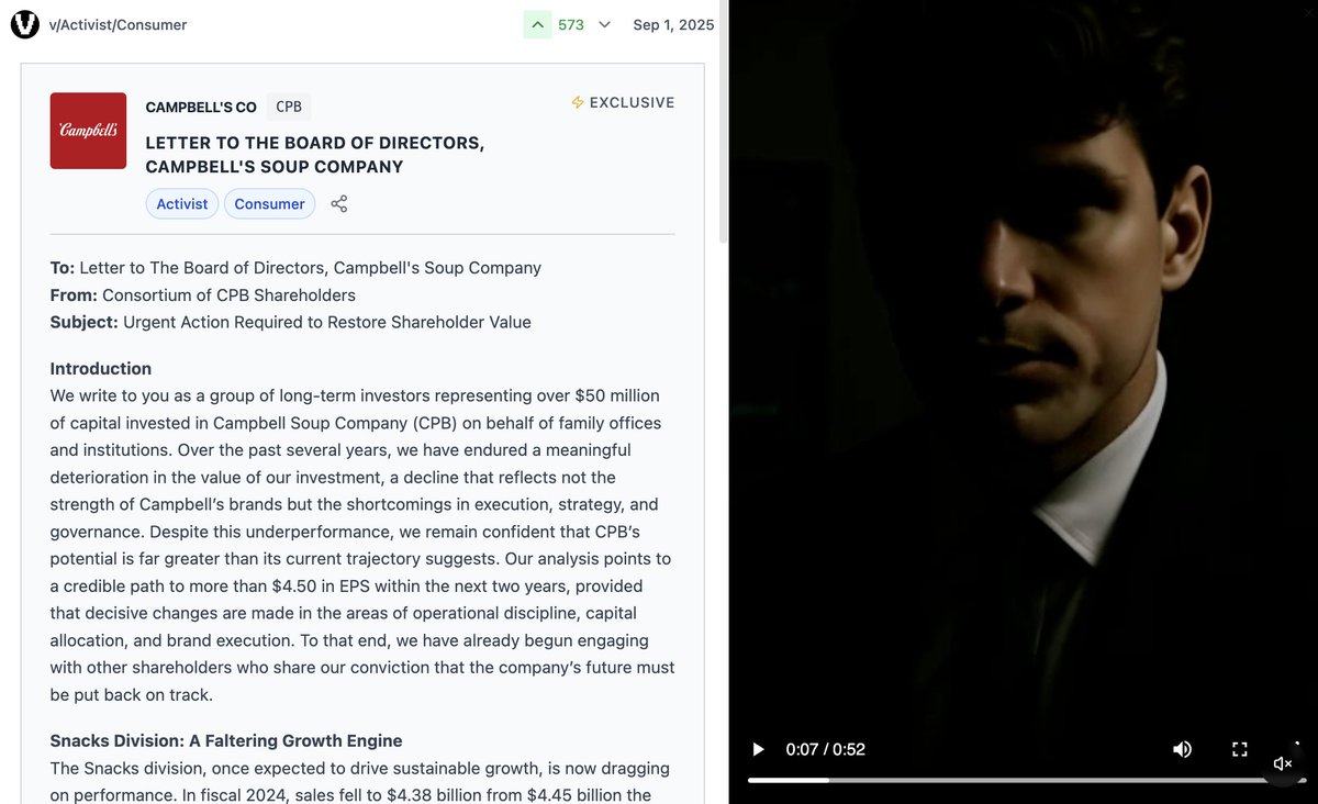 PSA for the next generation of activist investors. The world's first Ai driven activist campaign was just launched by group of $50M+ aggregate shareholders in $CPB. 

"We write to you as a group of long-term investors representing over $50 million of capital invested in Campbell