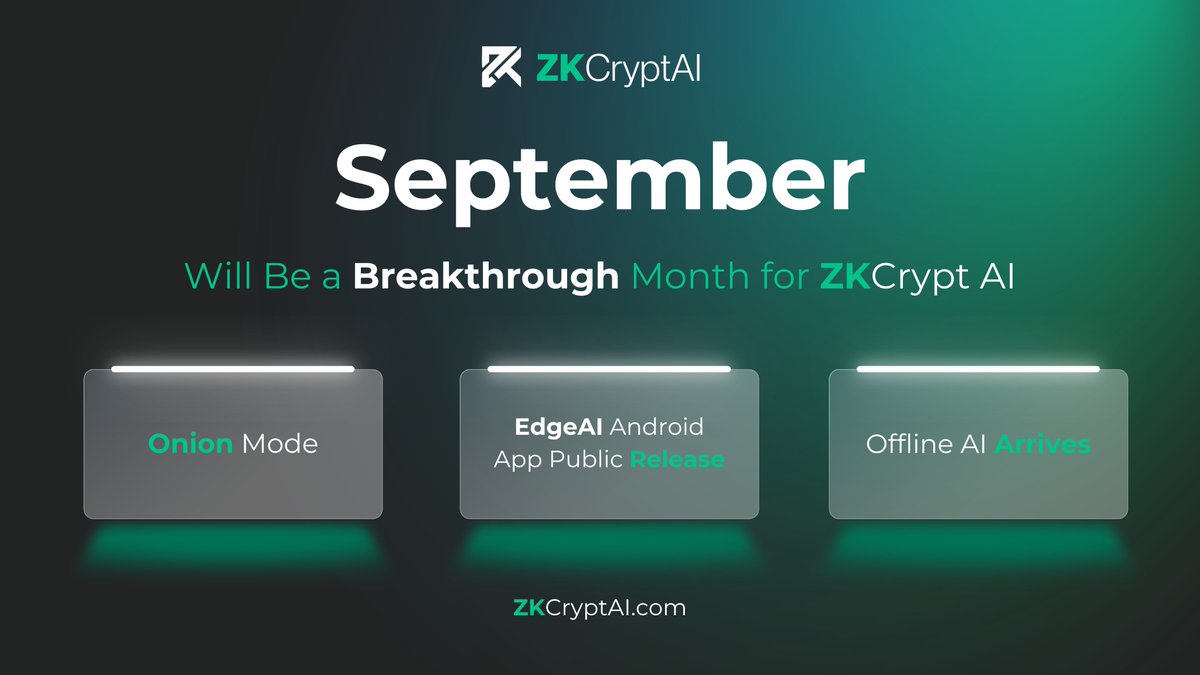 ZKCryptAI's tweet image. September Will Be a Breakthrough Month for ZKCrypt AI

We are ready to bring groundbreaking updates that will redefine privacy on mobile. This month is packed with launches that push the boundaries of what private AI can be.

Onion Mode Goes Live
Experience full anonymity on your…