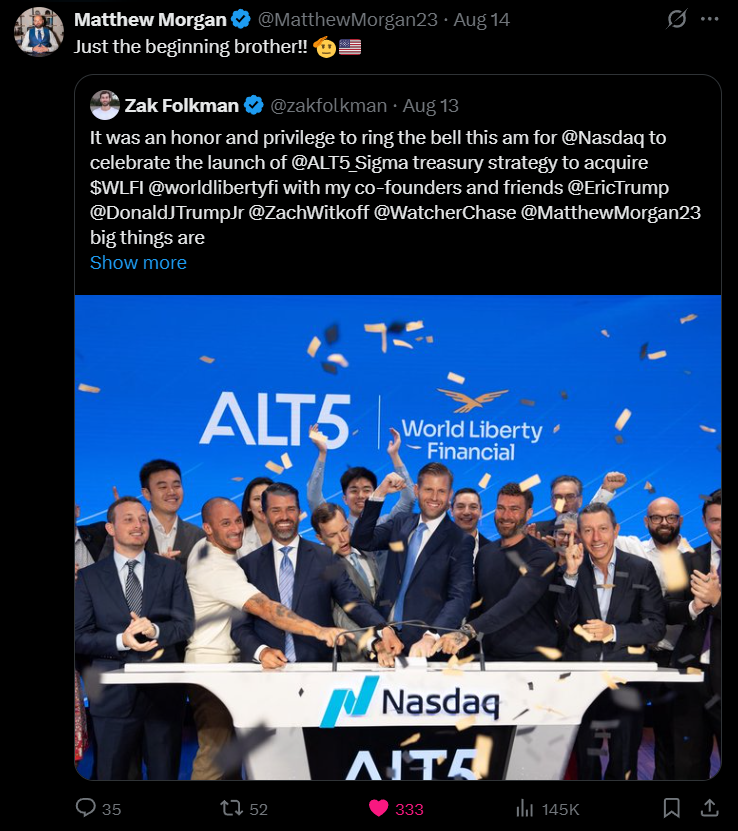 mominsaqib's tweet photo. The $WLFI launch wasn’t just a milestone - it was a historic moment for institutional DeFi.

For the first time, we’re watching a sovereign-backed, capital-markets-native team go live with real infrastructure, real backing, and a roadmap that could reshape how money flows onchain.

Yes, there's a dip. Yes, people panicked. But its all a setup in greater scheme of things!

Sell-the-news events don’t break narratives like this. They reset them before the next leg.

If the Trump family executes even part of what’s been laid out - and the institutional capital flows in - the entire #USD1 will 10x from here!

You’re already seeing the early signs:
- $BLOCK signing major partners like @Vaulta_ (ex-EOS, $4.1B ICO)
- $WLFI pushing forward with $6M+ in digital banking commitments
- Core infra expanding across ETH and Solana through launchpads, incubators, and stable rails

Zoom out.