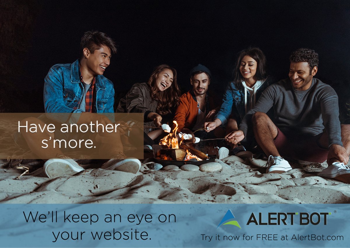 AlertBot's tweet image. Have another s&apos;more. 🔥😋
We&apos;ll keep an eye on your website. 👀

Try AlertBot totally FREE today at AlertBot.com

#alertbot #webperf #campfire #smores #peaceofmind