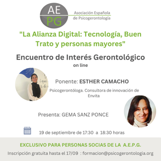 📅 Encuentro de Interés Gerontológico, en esta ocasión Esther Camacho nos hablará sobre cómo la tecnología, lejos es una herramienta que impulsa el bienestar y la autonomía bajo el título:  La alianza digital: Tecnología, buen trato y personas mayores