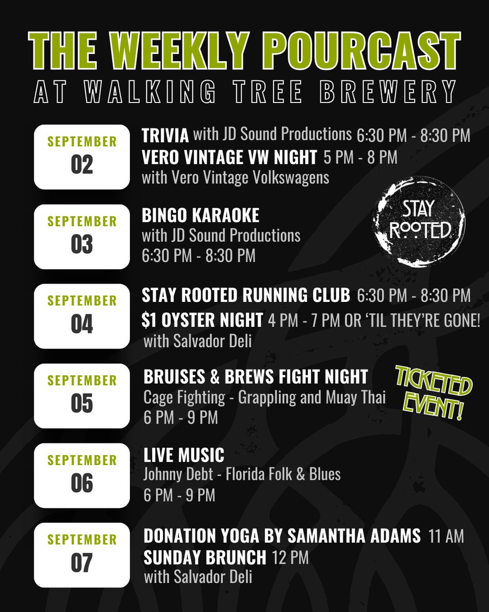 The Weekly Pourcast is in from Walking Tree Brewery! Don't miss Vero Vintage VW Night tonight at 5pm, grab your tickets for Bruises &amp; Brews Fight Night this Friday, and mark your calendars for live music by Johnny Debt on Saturday. It's a packed week, y'all!