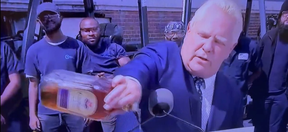 The moment <a href="/fordnation/">Doug Ford</a> realizes he's not smart enough to talk for the entire length of time it takes to dump out a bottle of booze made in Gimli, MB 😂😂

#GoodGriefYouPeople