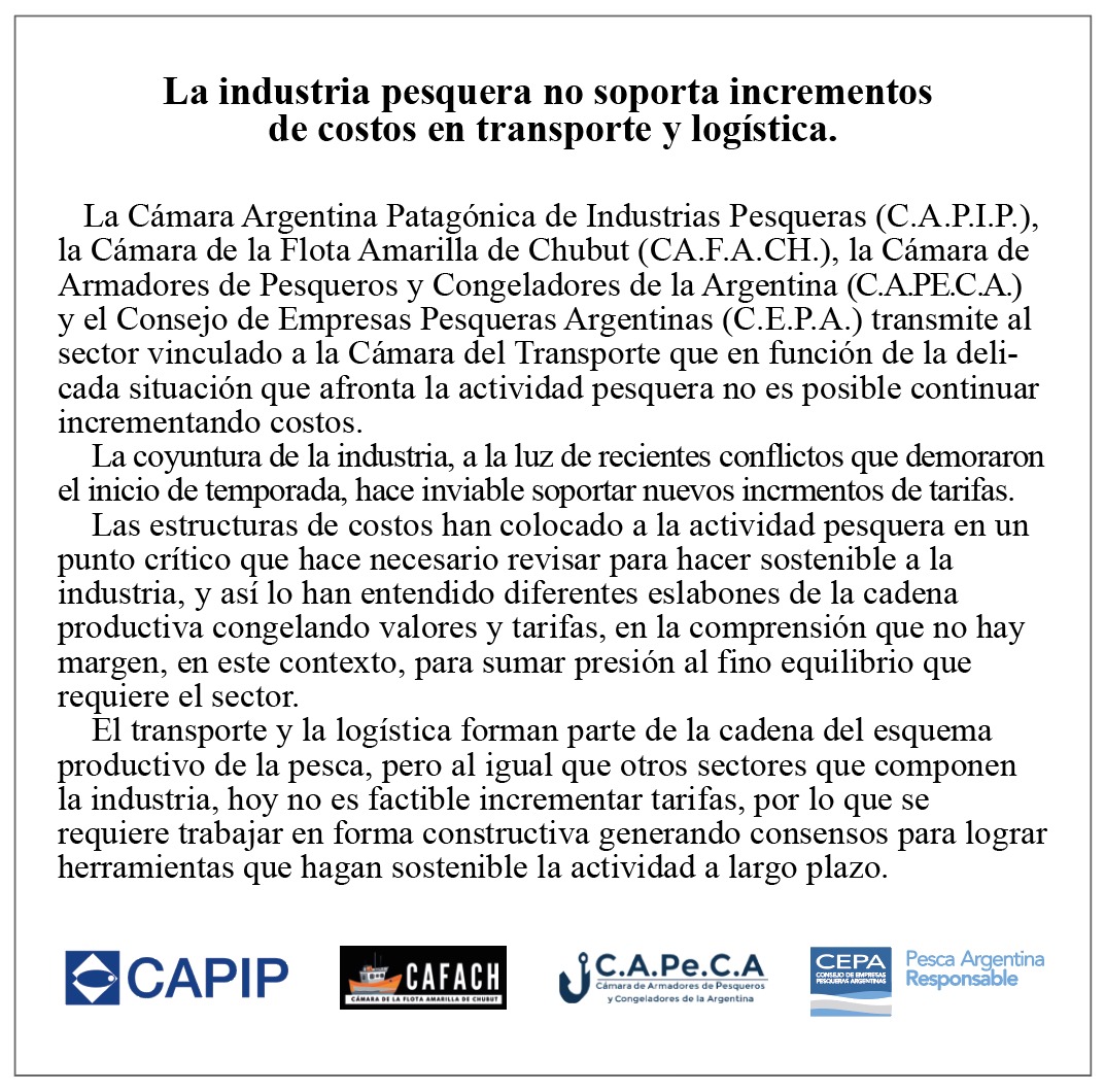 La industria pesquera no soporta incrementos de costos en transporte y logística. <a href="/CAFACHok/">CAFACH</a> <a href="/Capeca10/">C.A.Pe.C.A. Oficial</a>
