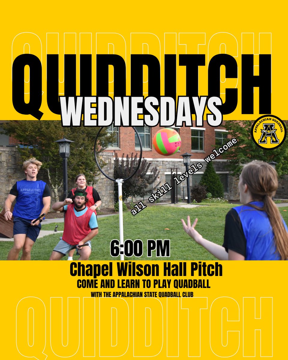 Come play Quidditch with the Appalachian State Quadball Club.  Wednesdays at 6pm at the Chapel Wilson Hall Pitch.