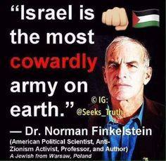 A photo of Norman Finkelstein, an older man with gray hair, wearing a blue shirt and brown jacket. Text overlay reads "Israel is the most cowardly army on earth." A fist and the Palestinian flag are visible next to the text. An Instagram watermark is present.