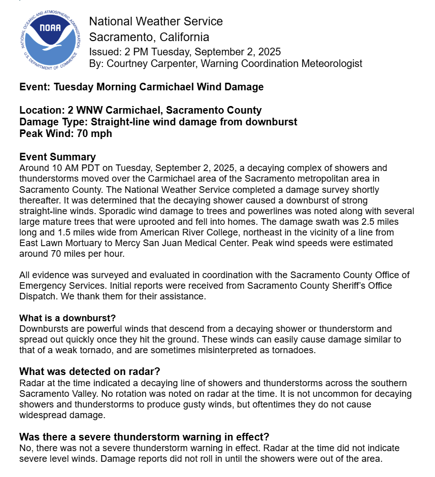 NWSSacramento's tweet photo. Here's the latest info on today's wind damage near Carmichael:
-No injuries reported
-Damage Type: Downburst/Straight Line Winds 

The official press release and graphic with map can be found below.
Link to Public Information Statement(PNS): https://t.co/r72YCJeu44

#CAwx https://t.co/6jV9reEMkE