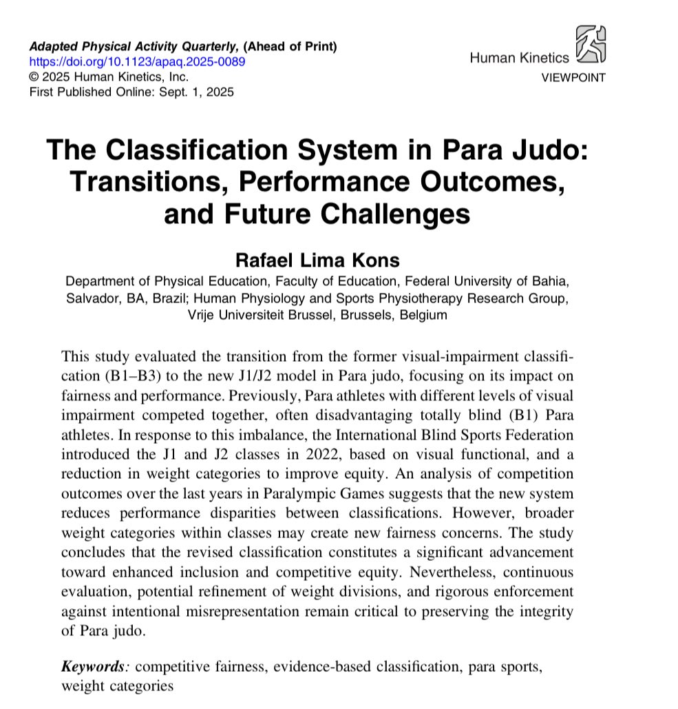 APAQjournal's tweet photo. 🚨Ahead of print #HIGHLIGHT
➡️The Classification System in Para Judo: Transitions, Performance Outcomes, and Future Challenges
👉@KonsRafael
#APAQ #Disability #Research
https://t.co/SYXapREnsd https://t.co/ggVzCV4ss4
