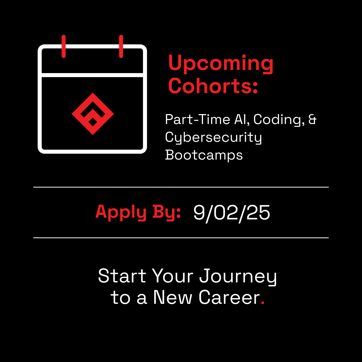 fullstack's tweet image. Don’t miss your chance to apply! Applications for part-time AI, Coding, and Cybersecurity Bootcamps close tonight (9/2) at 11:59pm ET! fullstackacademy.com/apply