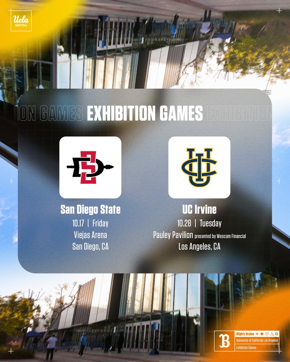 𝐓𝐰𝐨 𝐞𝐱𝐡𝐢𝐛𝐢𝐭𝐢𝐨𝐧 𝐠𝐚𝐦𝐞𝐬, coming up in October.

🗓️ at San Diego State, on Oct. 17
🗓️ versus UC Irvine (in Pauley Pavilion), on Oct. 28

𝐃𝐄𝐓𝐀𝐈𝐋𝐒: ucla.in/4g5r5gY