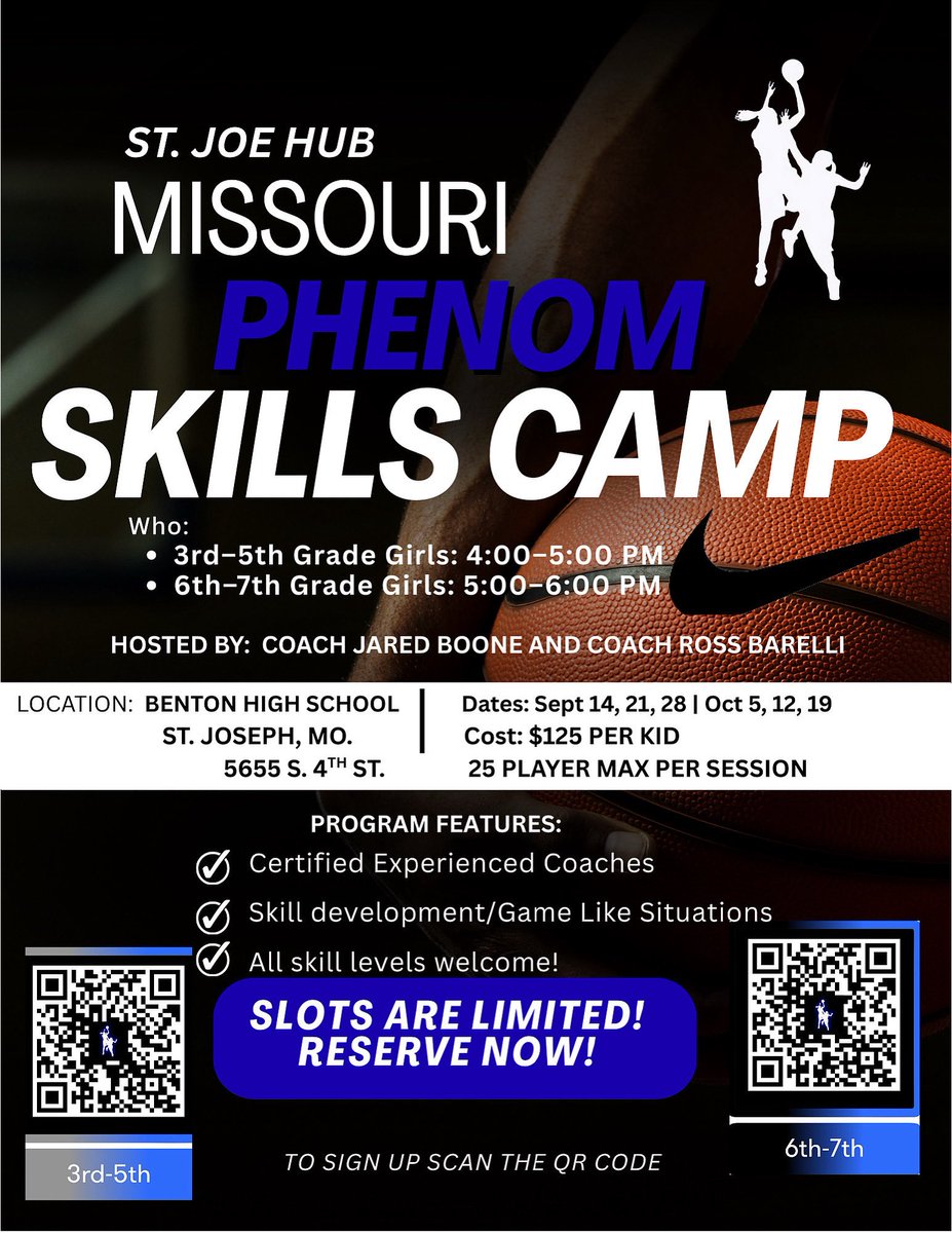 🚨 St. Joe! Missouri Phenom Skills Camp is open to ALL players, not just Phenom kids 🏀 Sept 14–Oct 19 @ Benton HS. $125/player, pay at reg. Limited spots! We’re also building 3rd–7th grade teams 🙌 Don’t miss out—scan QR &amp; register today!