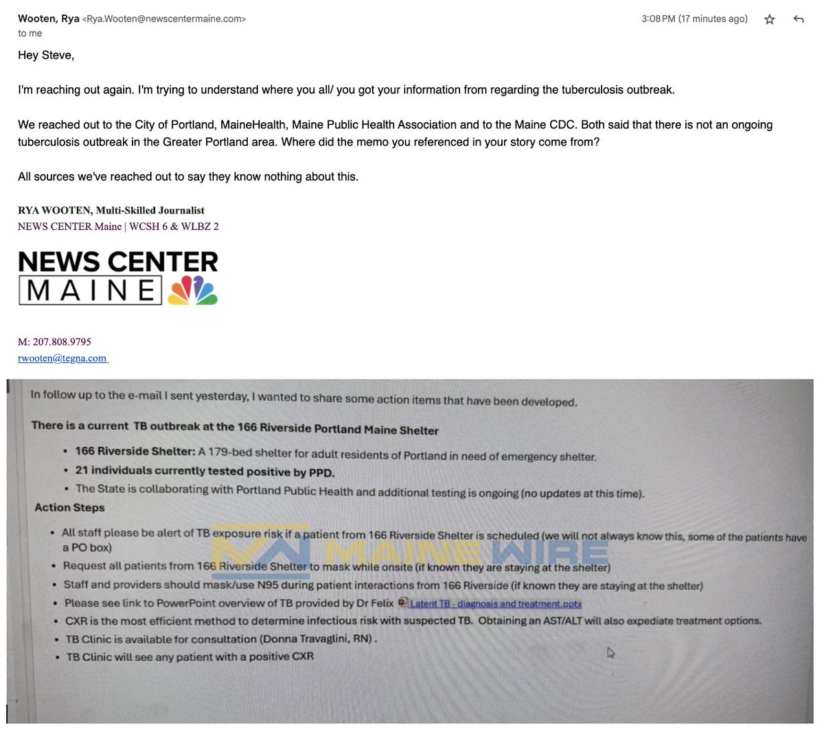 News Center Maine has apparently run a hit piece on me without including my responses to their emails, so here's the response. 

Maine CDC is denying a TB outbreak at the migrant shelter in Portland. Here's the email sent to primary care physicians in Maine saying there's a TB