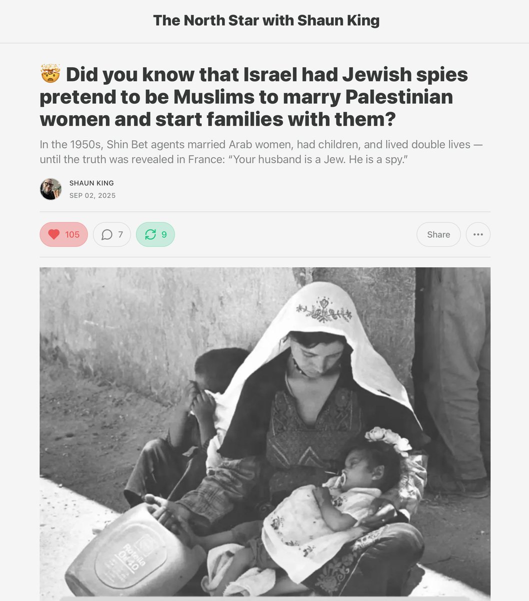 shaunking's tweet photo. 🤯 Did you know that 4 years after the Nakba, Israel sent Jewish spies into Palestinian villages to pretend they were Muslims, marry Palestinian women, and HAVE KIDS WITH THEM, all to spy on the villages

FULL STORY: https://t.co/pOD7FnNwim

Read and share and I'll be back later https://t.co/rDEq1a8pAj
