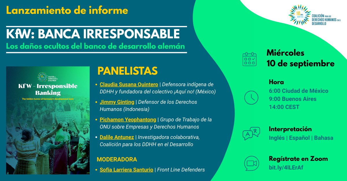 <a href="/SustentaRSE/">Sustentarse</a> <a href="/OtrosMundosChia/">Otros Mundos Chiapas</a> <a href="/THPMexico/">The Hunger Project México</a> <a href="/CCISmx/">CCISmx</a> <a href="/PIAmericaDelSur/">Protection International - América del Sur</a> <a href="/fundeps/">Fundeps Argentina</a> <a href="/BIC_Updates/">Bank Information Center</a> <a href="/FundarMexico/">Fundar</a> <a href="/FLDAmericas/">FLD Américas</a> <a href="/FIMA_Chile/">ONG FIMA</a> 📌 apartá la fecha y acompañanos
🗓 Miércoles, 10 de septiembre
🕒 6:00 Ciudad de México | 7:00 Lima | 9:00 Buenos Aires 
💻 regístrate aquí al Zoom: bit.ly/4lLErAf
🔄 Interpretación disponible en español