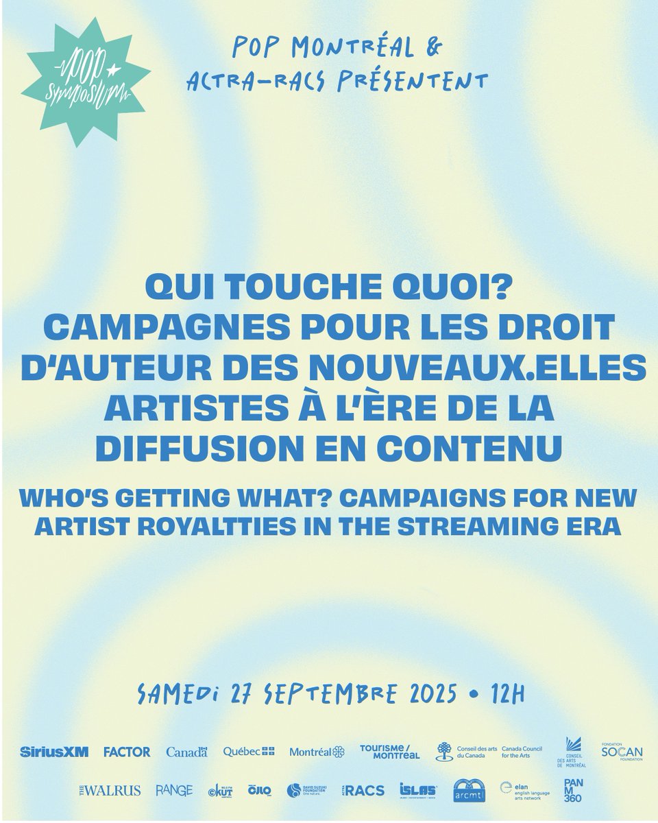 POP Montreal Symposium x <a href="/ACTRARACS/">ACTRA RACS</a> présentent:
Qui touche quoi? Campagnes pour les droits d’auteur des nouveaux·elles artistes à l’ère de la diffusion en continu
Samedi, Septembre 27 2025
📍 Clubhouse Rialto