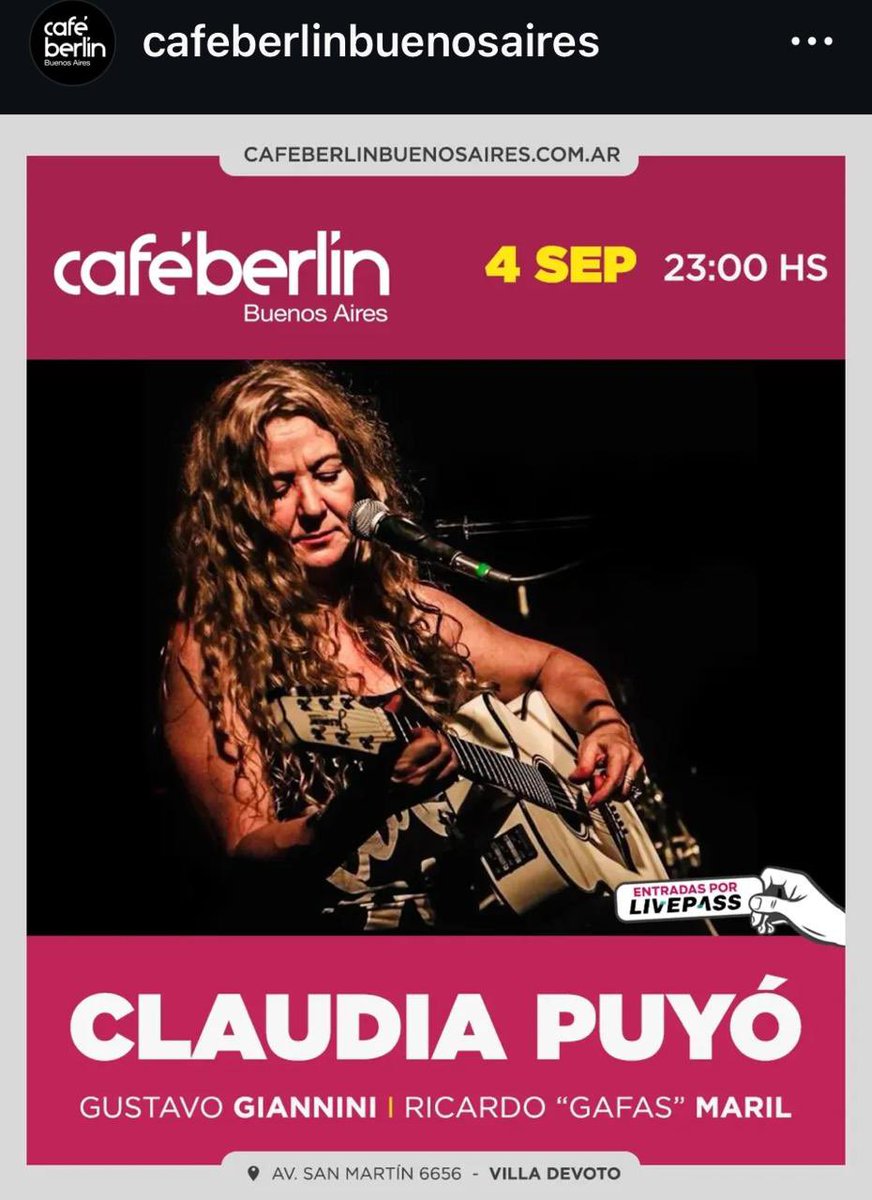 Queridos amigos, los esperamos este jueves 4 de septiembre a las 23 horas en el café Berlin, con mis queridos amigos gafas, Maril, Alambre Gonzalez, Gustavo Giannini, Eve kreff, Omar Smith, Edu Schmidt! 
un poco acústico un poco eléctrico !!!!!