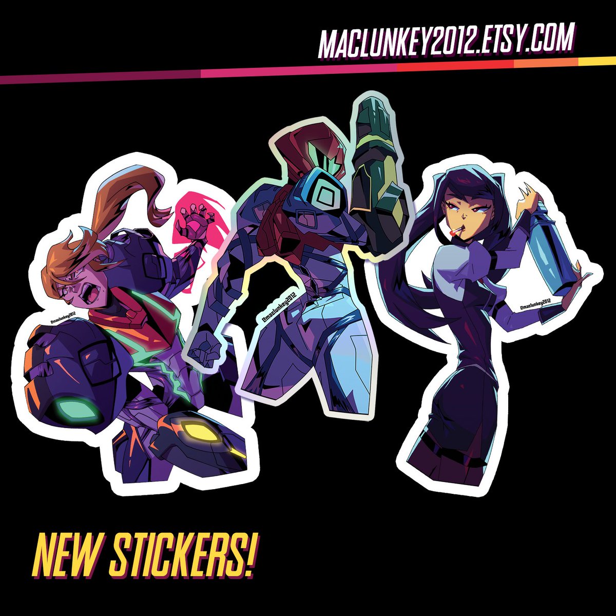 I have new stickers. A Jill Stingray, and two Samuses, including the return of the holographic Dread sticker!