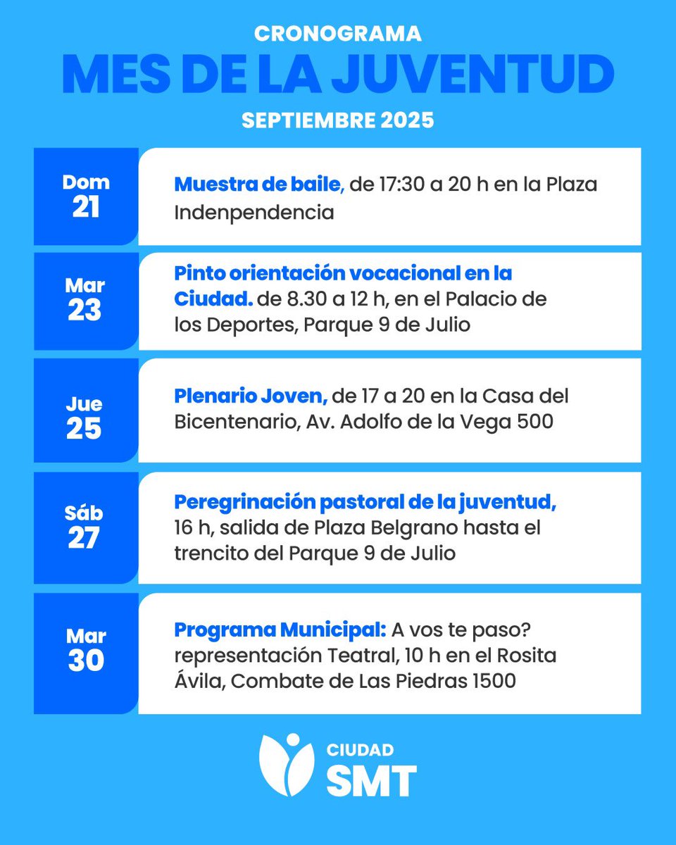 Septiembre, el mes de la juventud, llega con una agenda repleta de propuestas en la que los jóvenes serán los protagonistas 🫰✨

📌 Te compartimos el cronograma de actividades