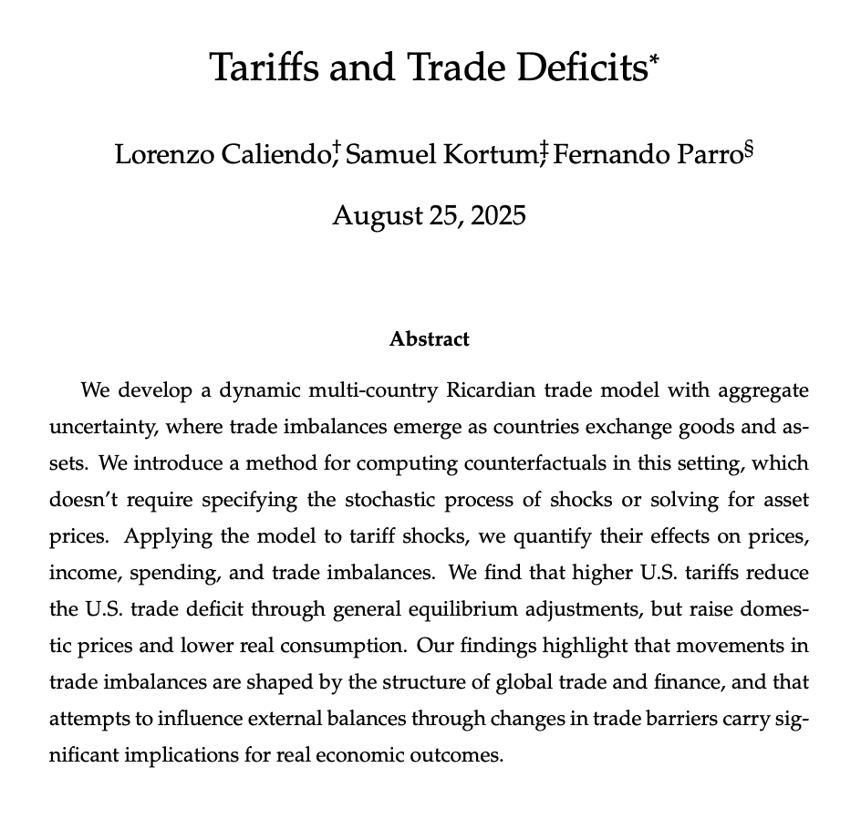 "We find that higher U.S. tariffs reduce the U.S. trade deficit through general equilibrium adjustments, but raise domestic prices and lower real consumption."

NEW Discussion Paper by Lorenzo Caliendo, Samuel Kortum, &amp; Fernando Parro: cowles.yale.edu/research/cfdp-…