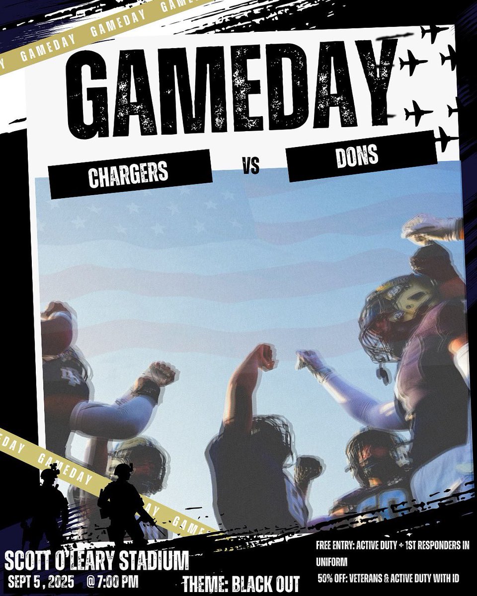 Salute to Service Night
This Friday, we honor those who serve.

Chargers vs Dons
Scott O’Leary Stadium
September 5, 2025 | 7:00 PM
Theme: Black Out

Special Entry:
•Free for Active Duty + First Responders in uniform
•50% off for Veterans &amp; Active Duty with ID