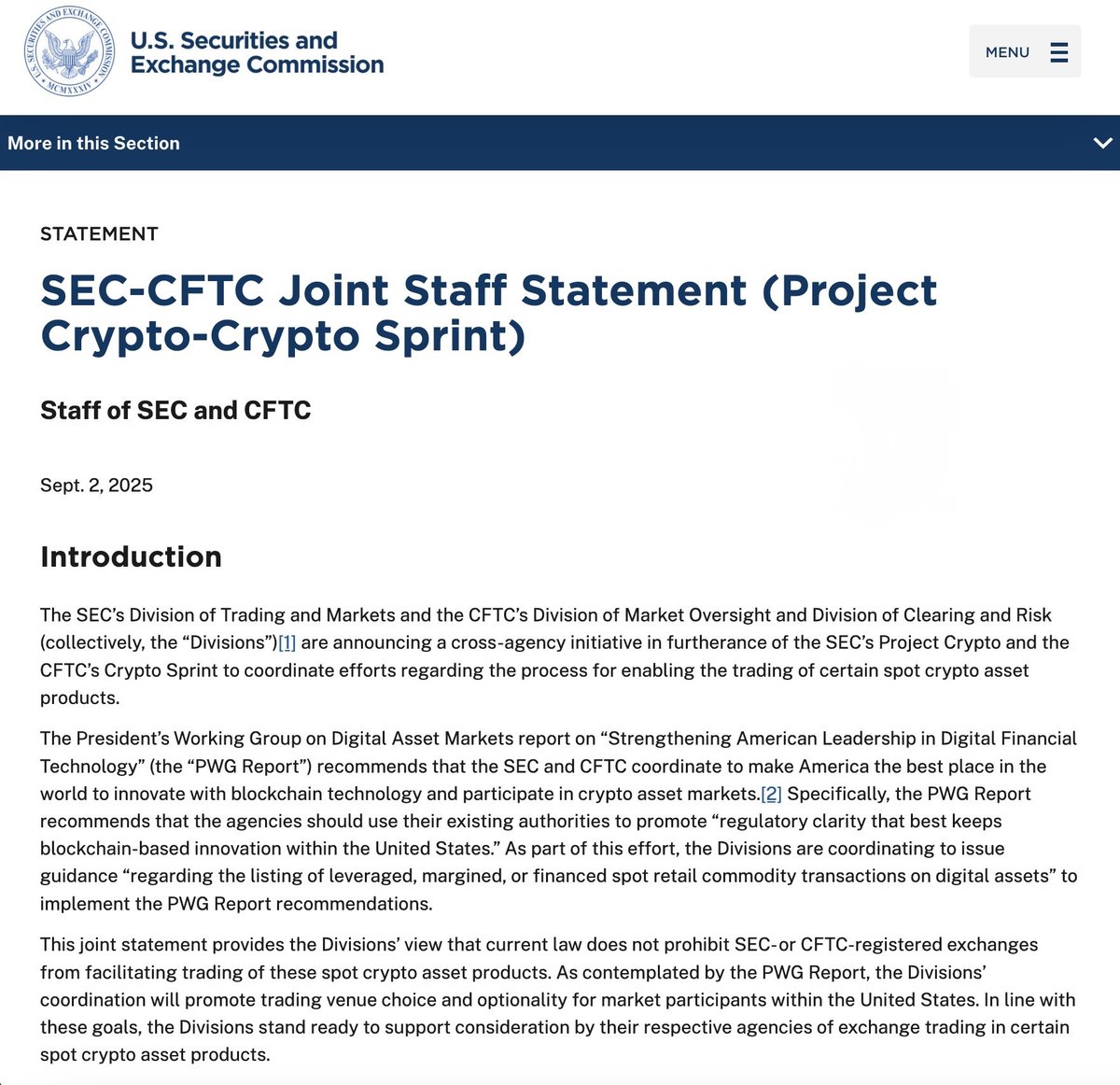 SeiNetwork's tweet photo. SEC-CFTC: US exchanges like NYSE, Nasdaq, and CBOE can list spot crypto assets - with margin and leverage.

Sei’s high-throughput architecture aligns with SEC/CFTC priorities of transparency &amp; fair execution, positioning Sei as a natural home for compliant institutional trading. https://t.co/ryQLUXcGoB