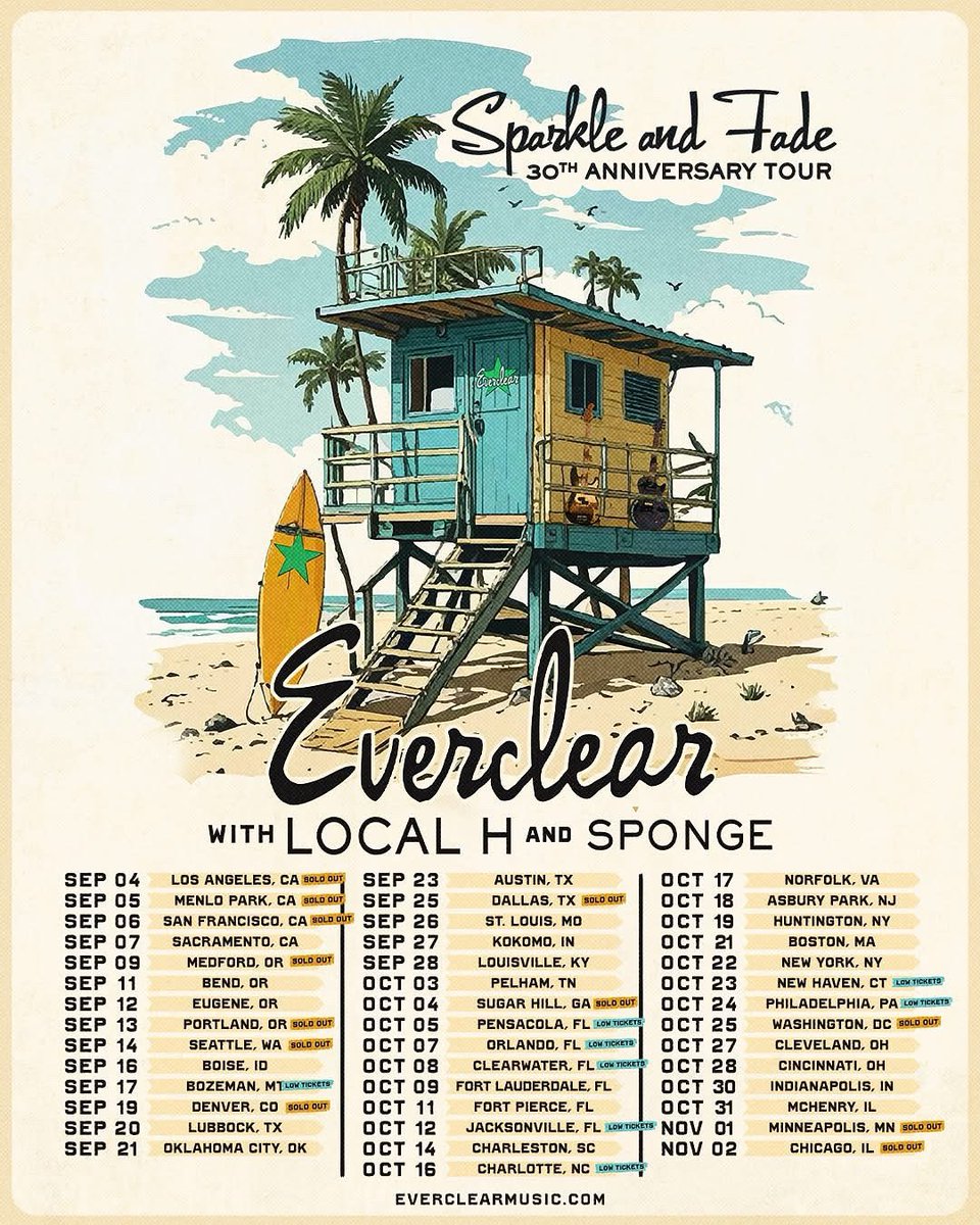 Tickets are moving pretty fast for this tour (12 shows are already sold out) — so don’t snooze. We’ll see some of you in two days.
<a href="/EverclearBand/">Everclear</a> 
<a href="/Sponge_the_band/">Sponge</a>