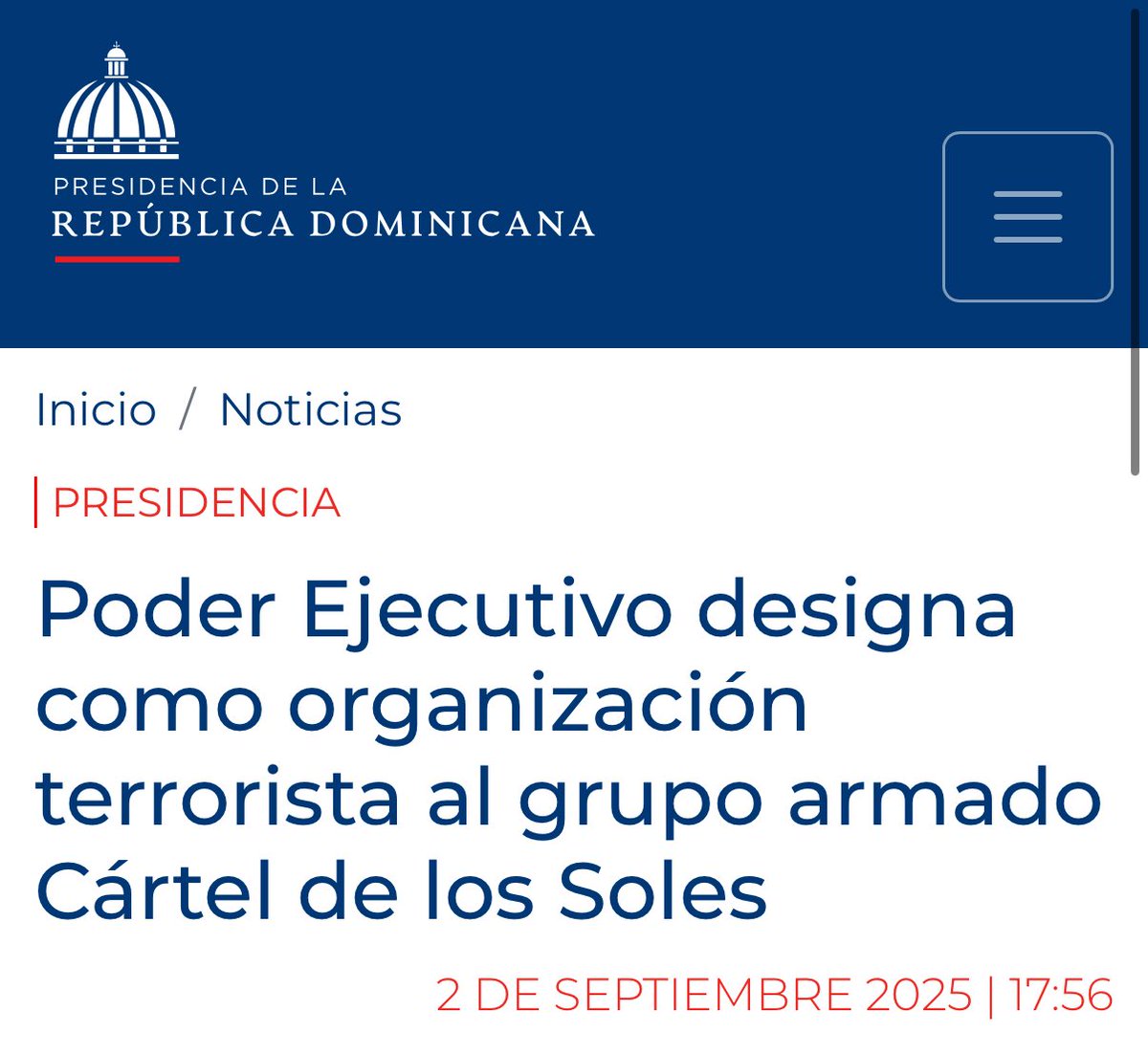 Republica Dominicana declara al CARTEL DE LOS SOLES como organización terrorista.

presidencia.gob.do/noticias/poder…

Cada día que pasa son más los países que se unen a EE.UU. En la lucha contra el NARCO TERRORISMO que secuestra a VENEZUELA.