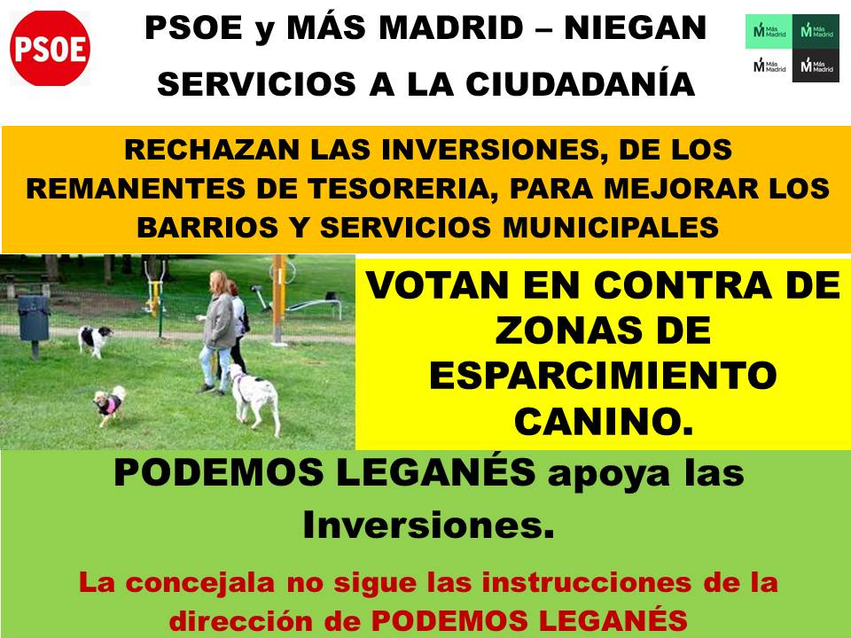 #LeganésBloqueado
PSOE y MÁS MADRID, de Leganés, Votan en contra de Servicios públicos
▪ Zonas de esparcimiento canino.
▪ La climatización de las escuelas infantiles.
▪ Compra de papeleras y árboles para los alcorques vacíos.
¡LAS VECINAS/OS PEDIMOS MEJORAS EN LOS  BARRIOS!