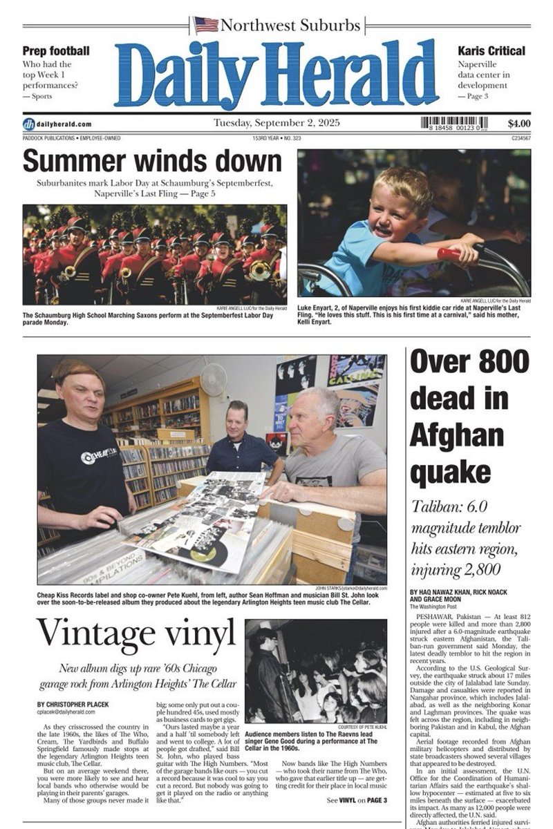 Chris Placek (@chrisplacek) on Twitter photo Chicago garage rock bands from the 60s are getting credit for their place in local music history on a new album that pays homage to the old Arlington Heights teen hangout, The Cellar.
Today’s page one centerpiece in the <a href="/dailyherald/">Daily Herald</a>
dailyherald.com/20250901/news/… Chicago garage rock bands from the 60s are getting credit for their place in local music history on a new album that pays homage to the old Arlington Heights teen hangout, The Cellar.
Today’s page one centerpiece in the <a href="/dailyherald/">Daily Herald</a>
dailyherald.com/20250901/news/…