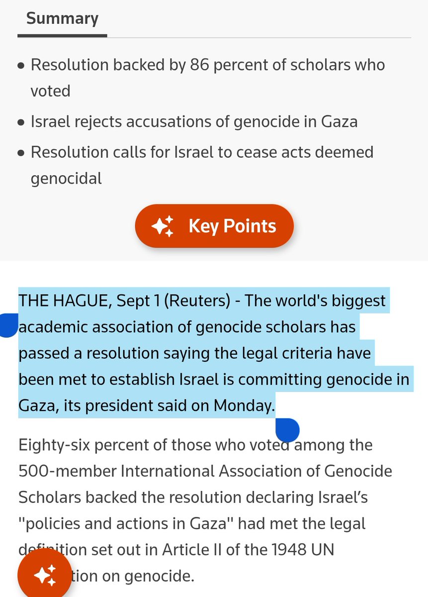 🆕THE HAGUE, Sept 1 (Reuters) - The world's biggest academic association of #Genocide scholars has passed a resolution saying the legal criteria have been met to establish

👉ISRAEL 🇮🇱 IS COMMITTING GENOCIDE IN GAZA,

its president said on Monday.