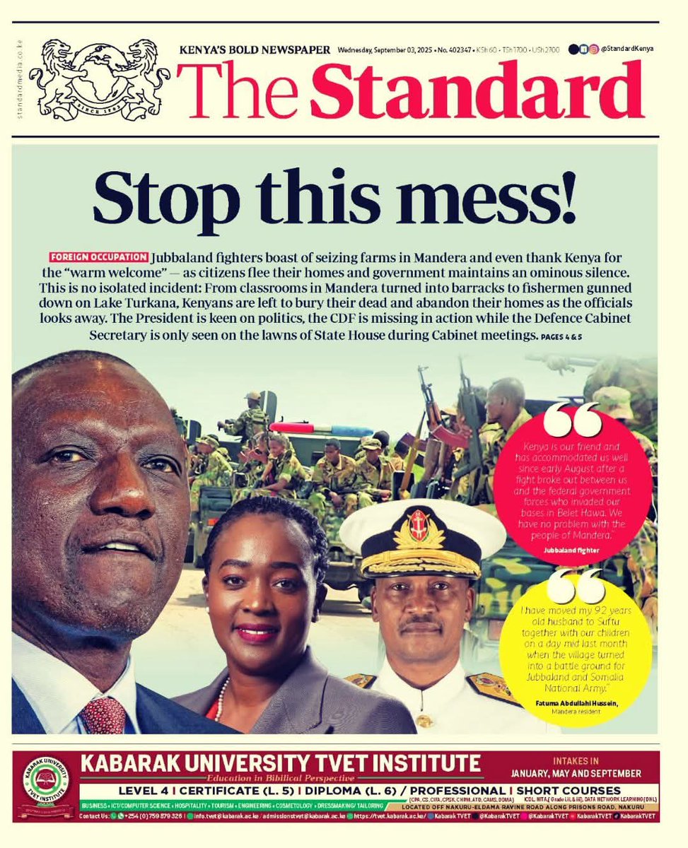 In its 60 years of independence, Kenya has yet to be overrun by foreign Militia. Today, we have a CIC with a Concubine conveniently appointed to Ministry of Defense, seated doing nothing but enjoying Tenders. Ruto has failed in all the principle mandates of his office.