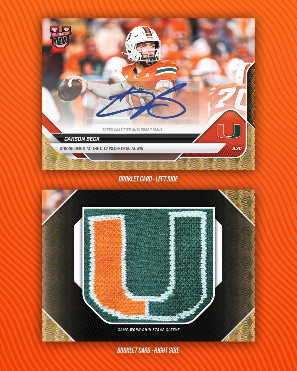 Topps's tweet image. The game-worn chinstrap from Carson Beck's @CanesFootball debut is going into a 1/1 autographed card 🔥

Collectors who purchase the base edition of this card have a chance of receiving the 1/1 booklet with their order. 

Available now for 72 hours ⏰